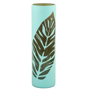 Sky-blue leaf on handpainted glass vase||Art Glass Cylinder Vase||Home Decor||Large Floor Vase||Table vase 16 inch