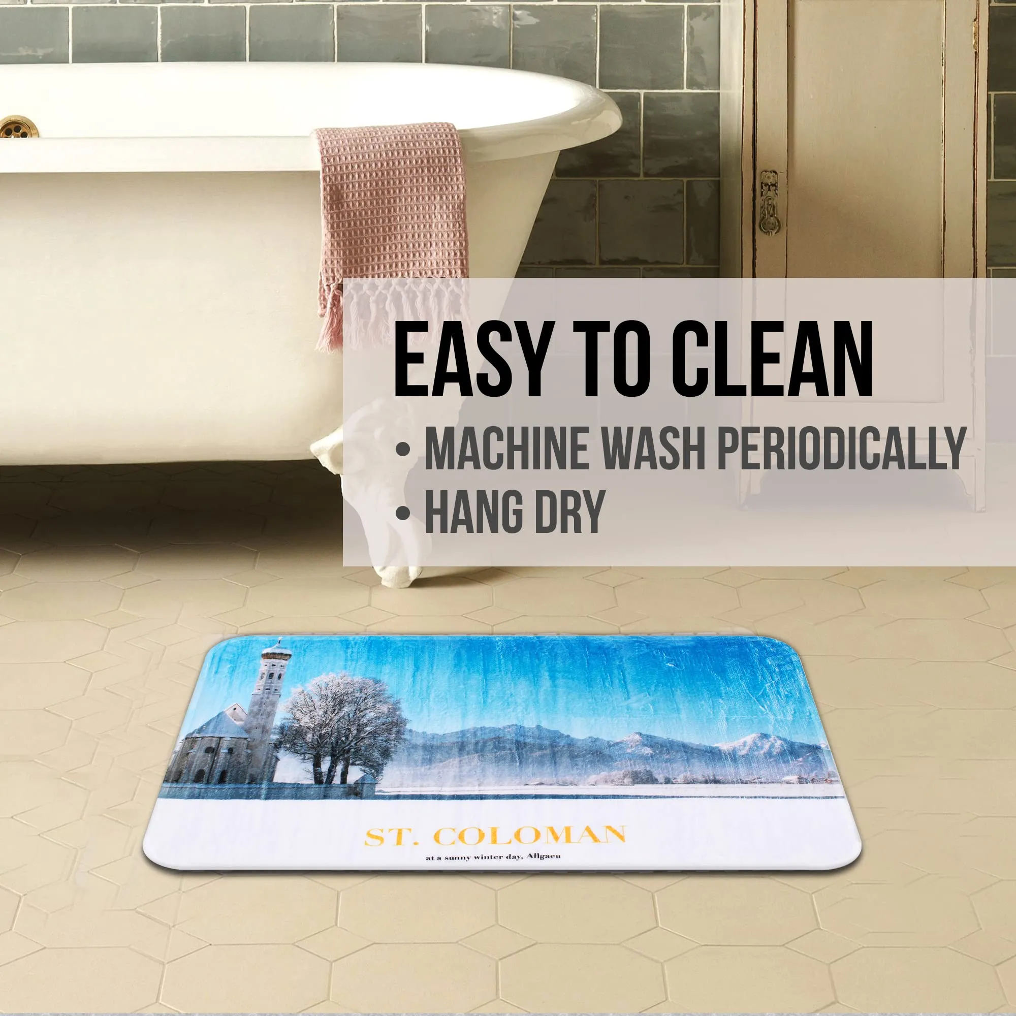 Story@Home - Rectangular Bathroom Mat, Bathroom Non Slip Mat, Self-Draining Anti Skid Mat for Bathroom Floor, Bath Mat with Suction Cups Underneath, 14 x 31 Inches, White & Blue