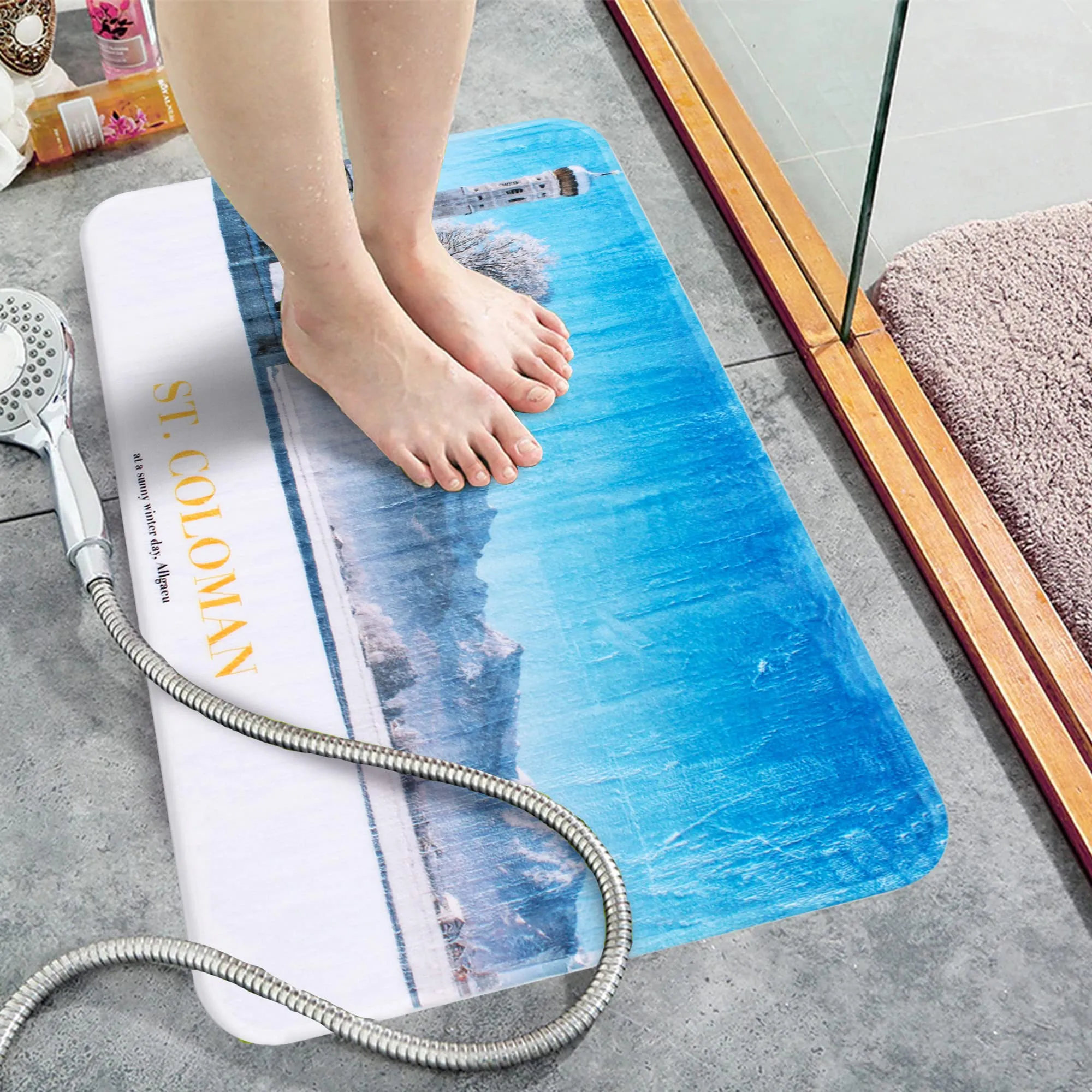 Story@Home - Rectangular Bathroom Mat, Bathroom Non Slip Mat, Self-Draining Anti Skid Mat for Bathroom Floor, Bath Mat with Suction Cups Underneath, 14 x 31 Inches, White & Blue