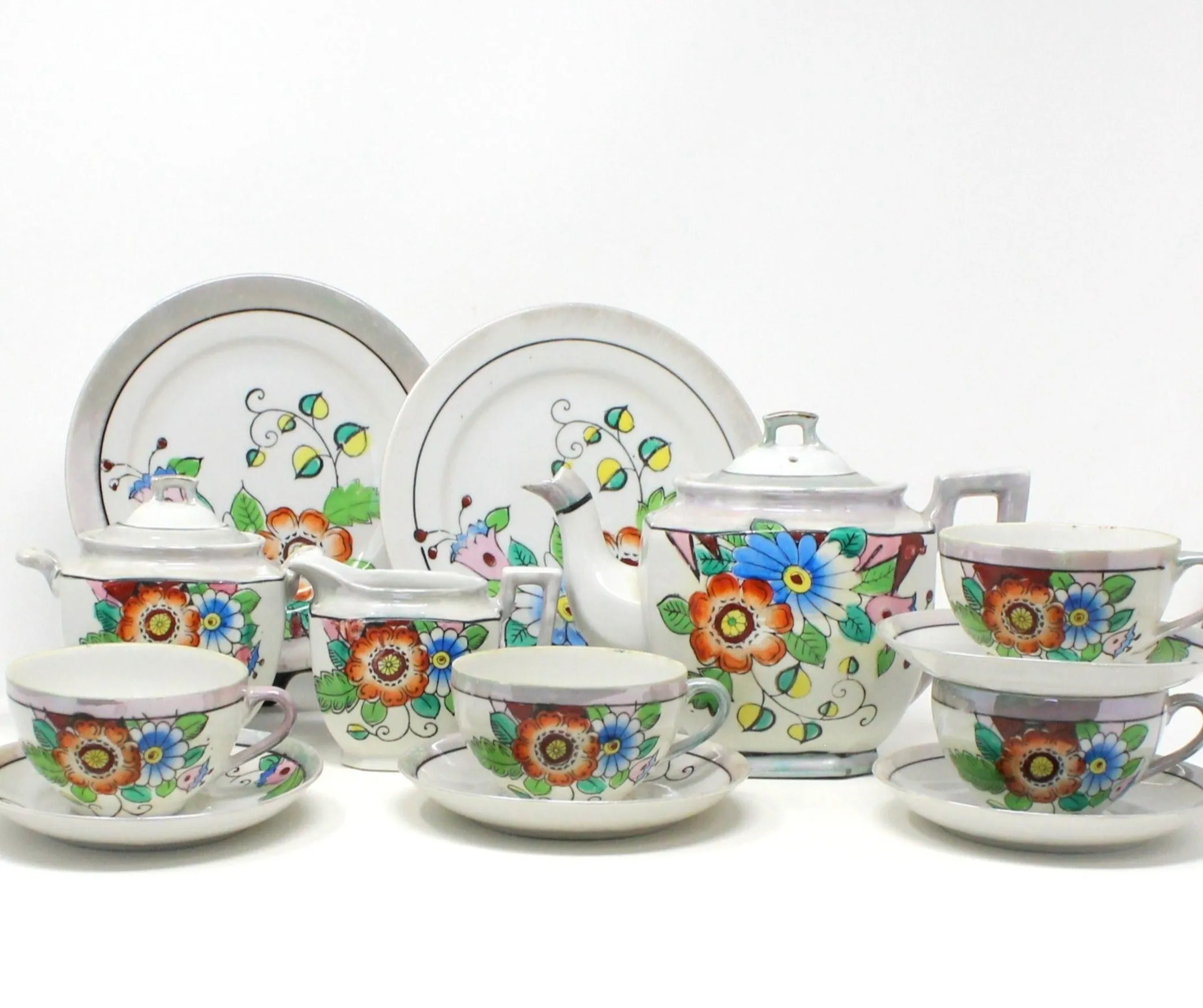 Tea Set, Japan Lusterware Floral, Teapot, Sugar, Creamer, Cups/Saucers & Plates, 13 Pcs, Vintage