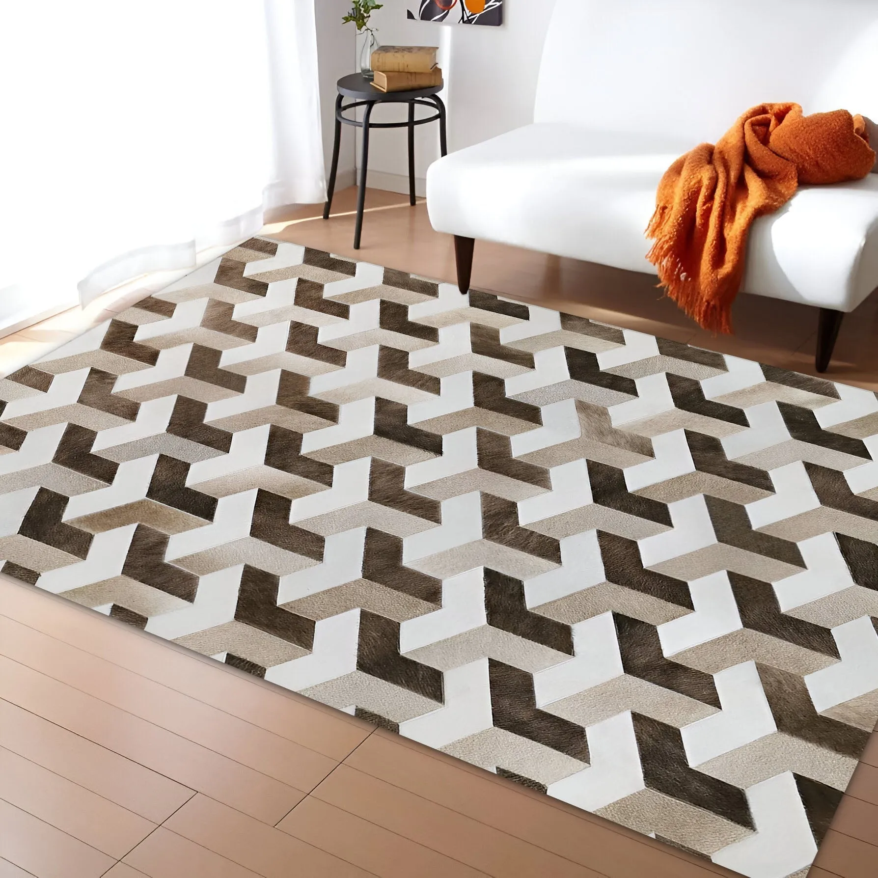 Tricolor Cowhide Area Rug, Natural Leather Cow Skin Patchwork Rug