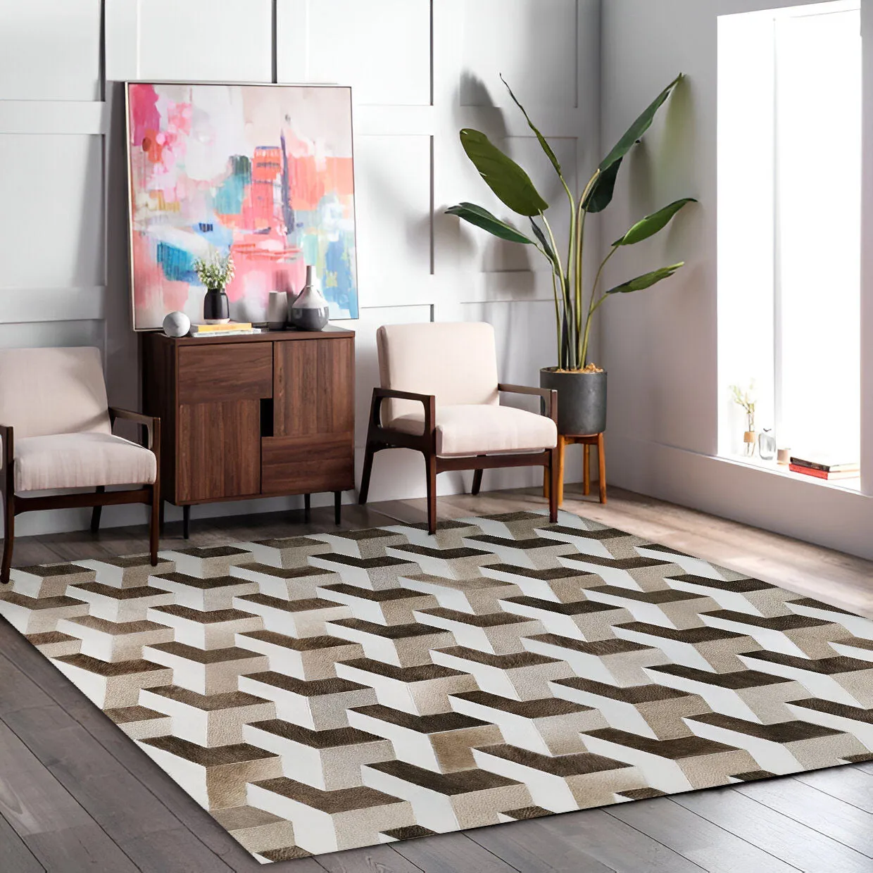 Tricolor Cowhide Area Rug, Natural Leather Cow Skin Patchwork Rug