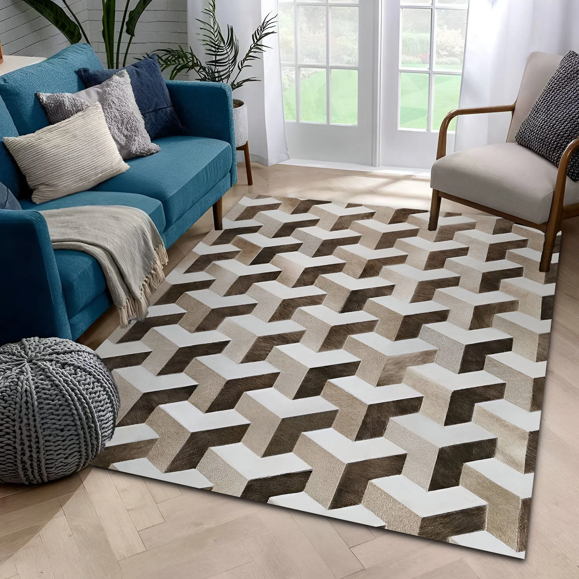 Tricolor Cowhide Area Rug, Natural Leather Cow Skin Patchwork Rug