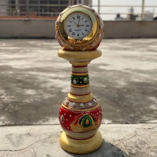 Urban Decor Decorative Marble Clock for Home | Table Top Home Decor Designer Design Watch with Rajasthani Meenakari Work for Office and Home (Rajasthan Art)