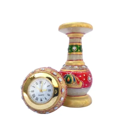 Urban Decor Decorative Marble Clock for Home | Table Top Home Decor Designer Design Watch with Rajasthani Meenakari Work for Office and Home (Rajasthan Art)