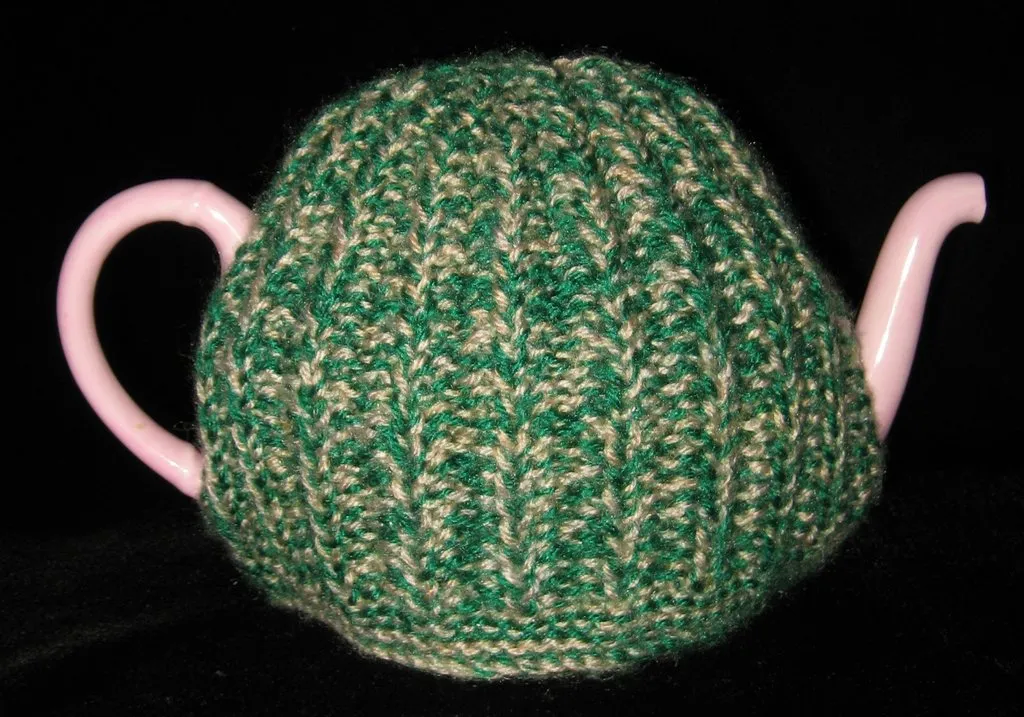 Variegated Medium English Tea Cozy Green Tan Cosy Knitted Stretchy 1970s Tea Cosy