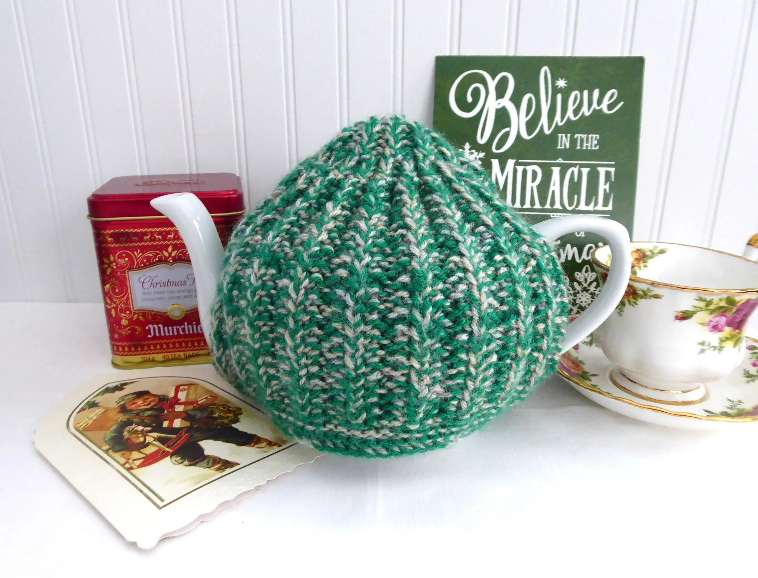 Variegated Medium English Tea Cozy Green Tan Cosy Knitted Stretchy 1970s Tea Cosy