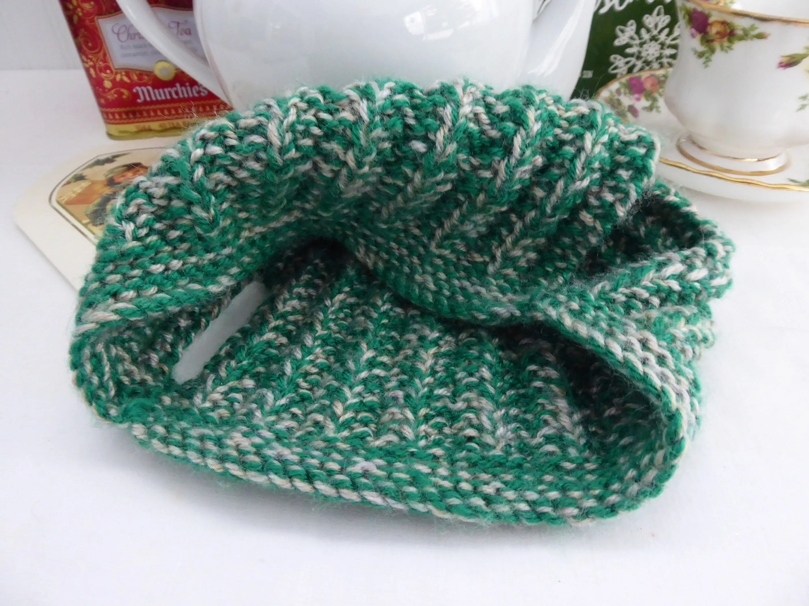 Variegated Medium English Tea Cozy Green Tan Cosy Knitted Stretchy 1970s Tea Cosy