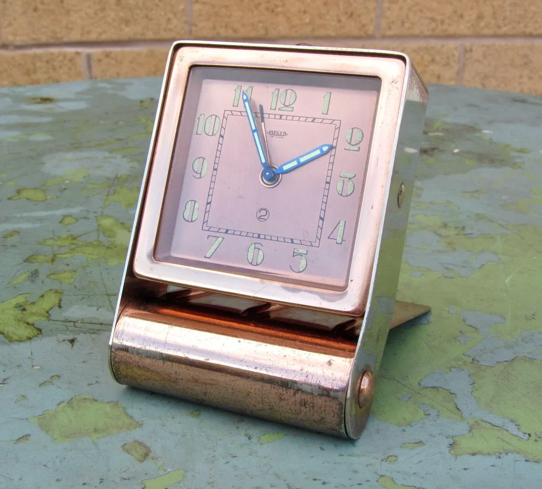 Vintage 2-Day Jaeger Swiss Travel Alarm Clock In A Copper Plated Metal Case