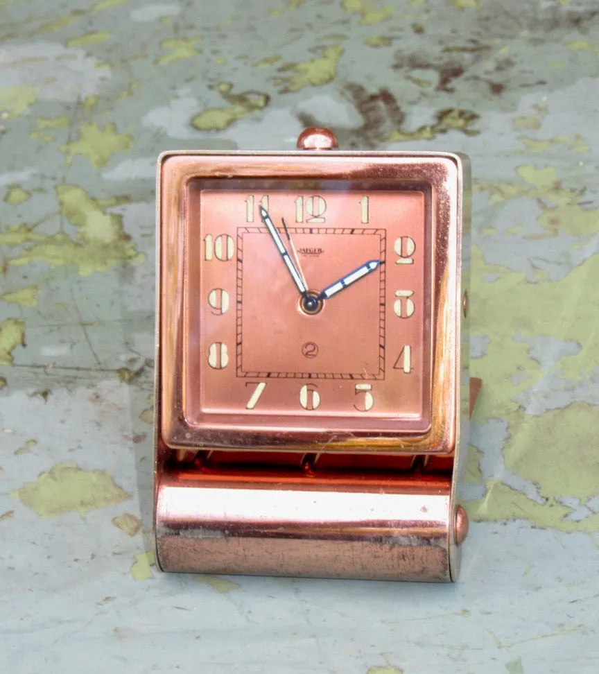 Vintage 2-Day Jaeger Swiss Travel Alarm Clock In A Copper Plated Metal Case