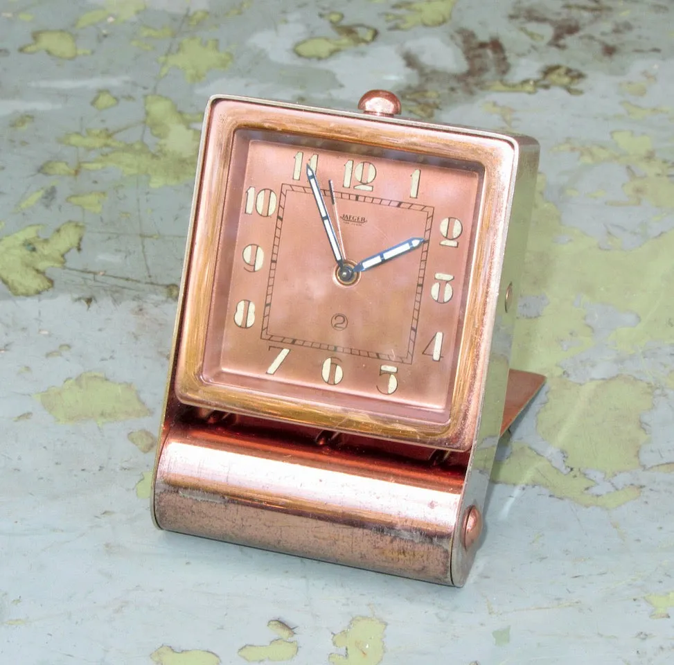 Vintage 2-Day Jaeger Swiss Travel Alarm Clock In A Copper Plated Metal Case