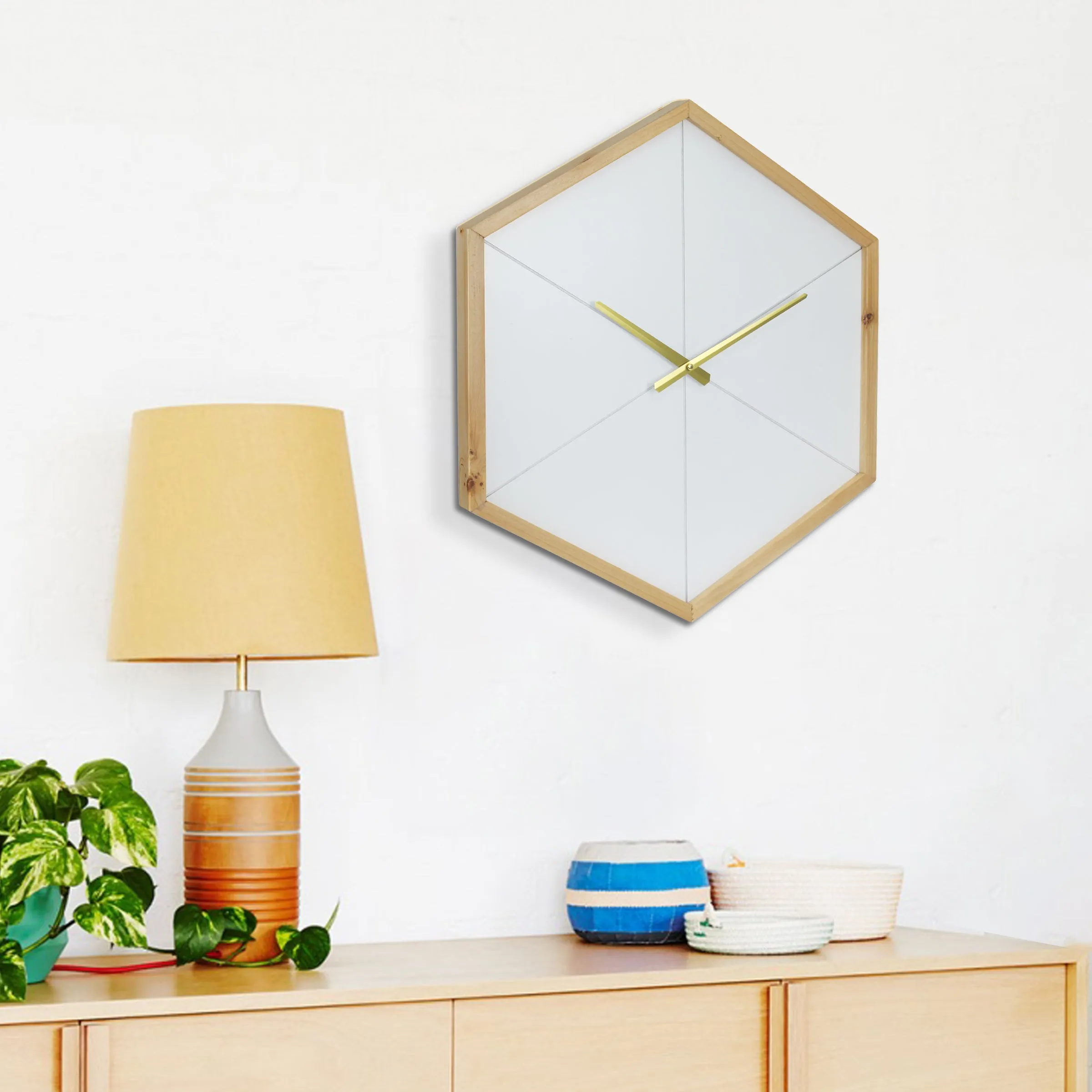 Wood Octagon Open Face White with Gold Clock (WS)